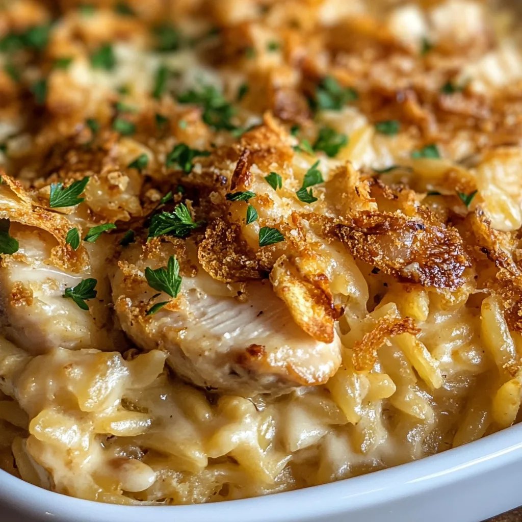 French Onion Chicken Orzo Casserole